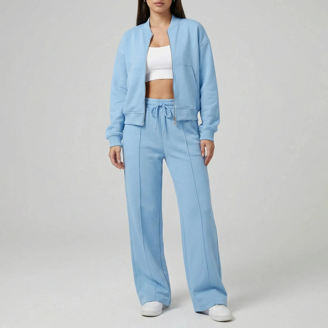 Women's front zip winter bomber jacket straight-leg trousers set in Light Blue