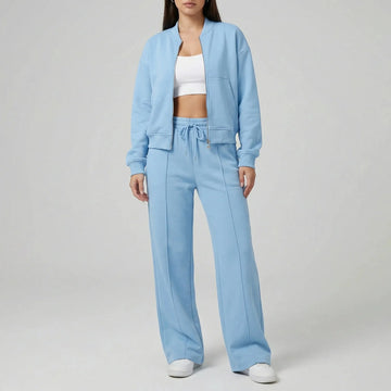 Women's front zip winter bomber jacket straight-leg trousers set in Light Blue