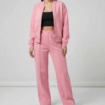 Women's front zip winter bomber jacket straight-leg trousers set in Pink