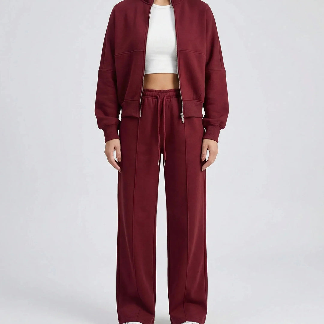 Women's front zip winter bomber jacket straight-leg trousers set in Wine Red