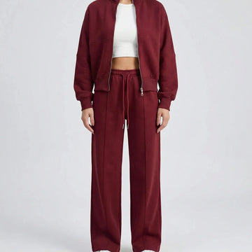 Women's front zip winter bomber jacket straight-leg trousers set in Wine Red