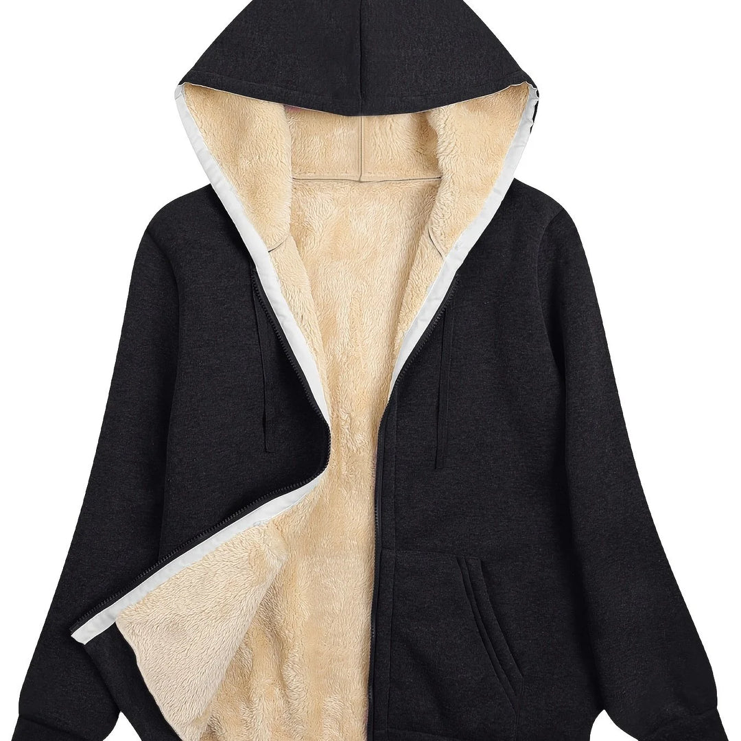 Women's comfy zip-up sherpa lined winter hoodie in Black