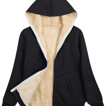 Women's comfy zip-up sherpa lined winter hoodie in Black