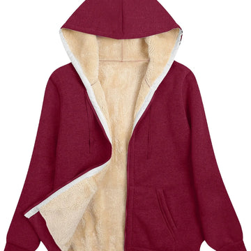 Women's comfy zip-up sherpa lined winter hoodie in Burgundy