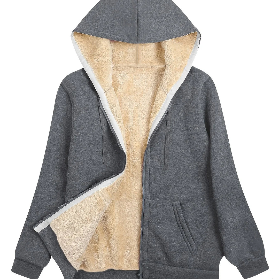 Women's comfy zip-up sherpa lined winter hoodie in Dark gray