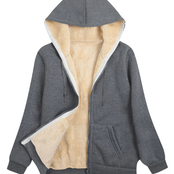 Women's comfy zip-up sherpa lined winter hoodie in Dark gray