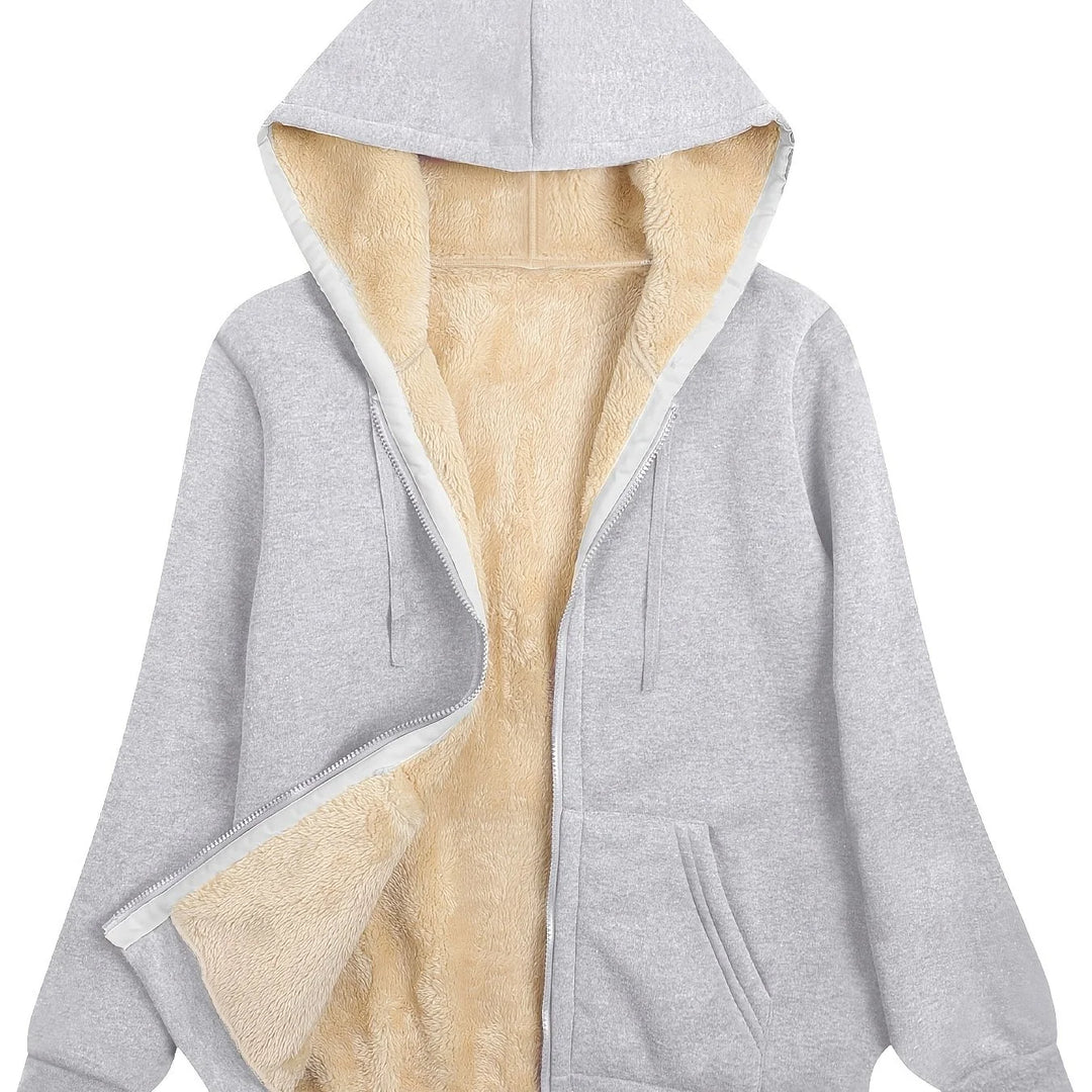 Women's comfy zip-up sherpa lined winter hoodie in Light grey