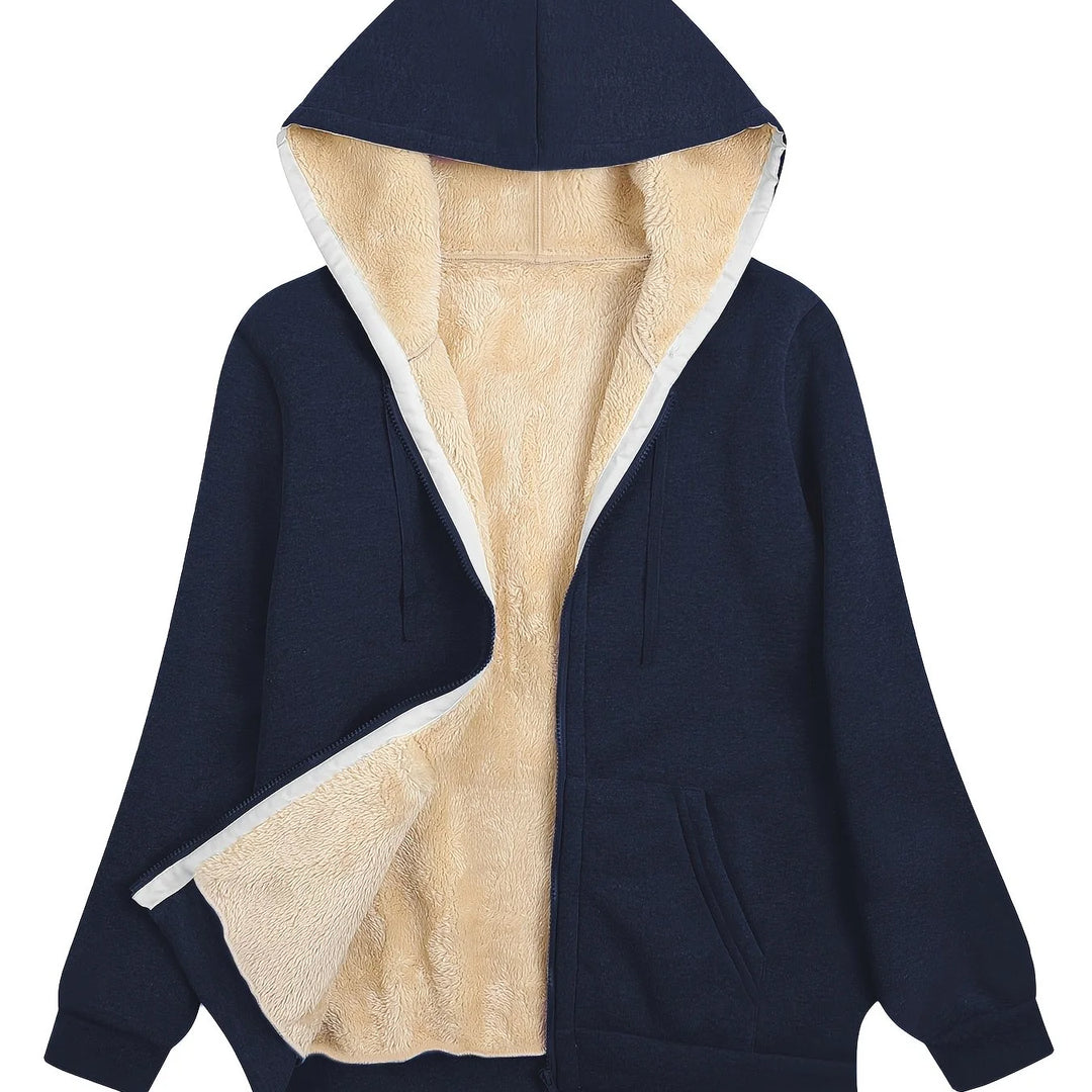 Women's comfy zip-up sherpa lined winter hoodie in Navy Blue
