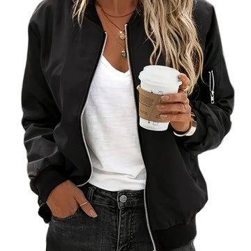 Women's zip-up winter bomber jacket with ribbed baseball collar in purple in Black
