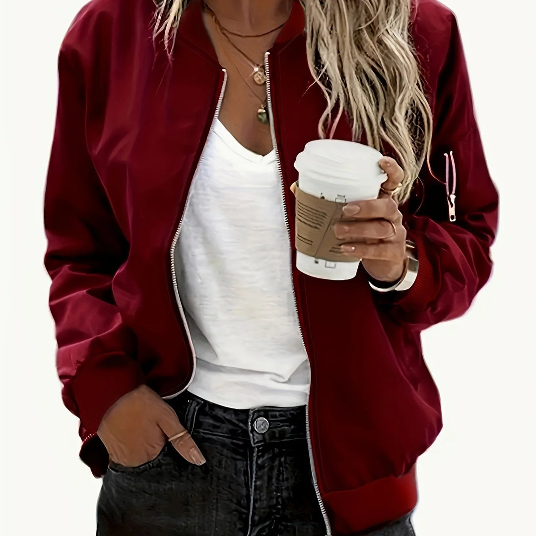 Women's zip-up winter bomber jacket with ribbed baseball collar in purple in Burgundy