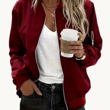 Women's zip-up winter bomber jacket with ribbed baseball collar in purple in Burgundy