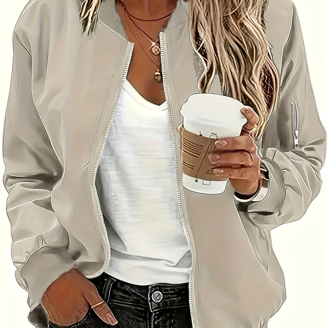 Women's zip-up winter bomber jacket with ribbed baseball collar in purple in Khaki