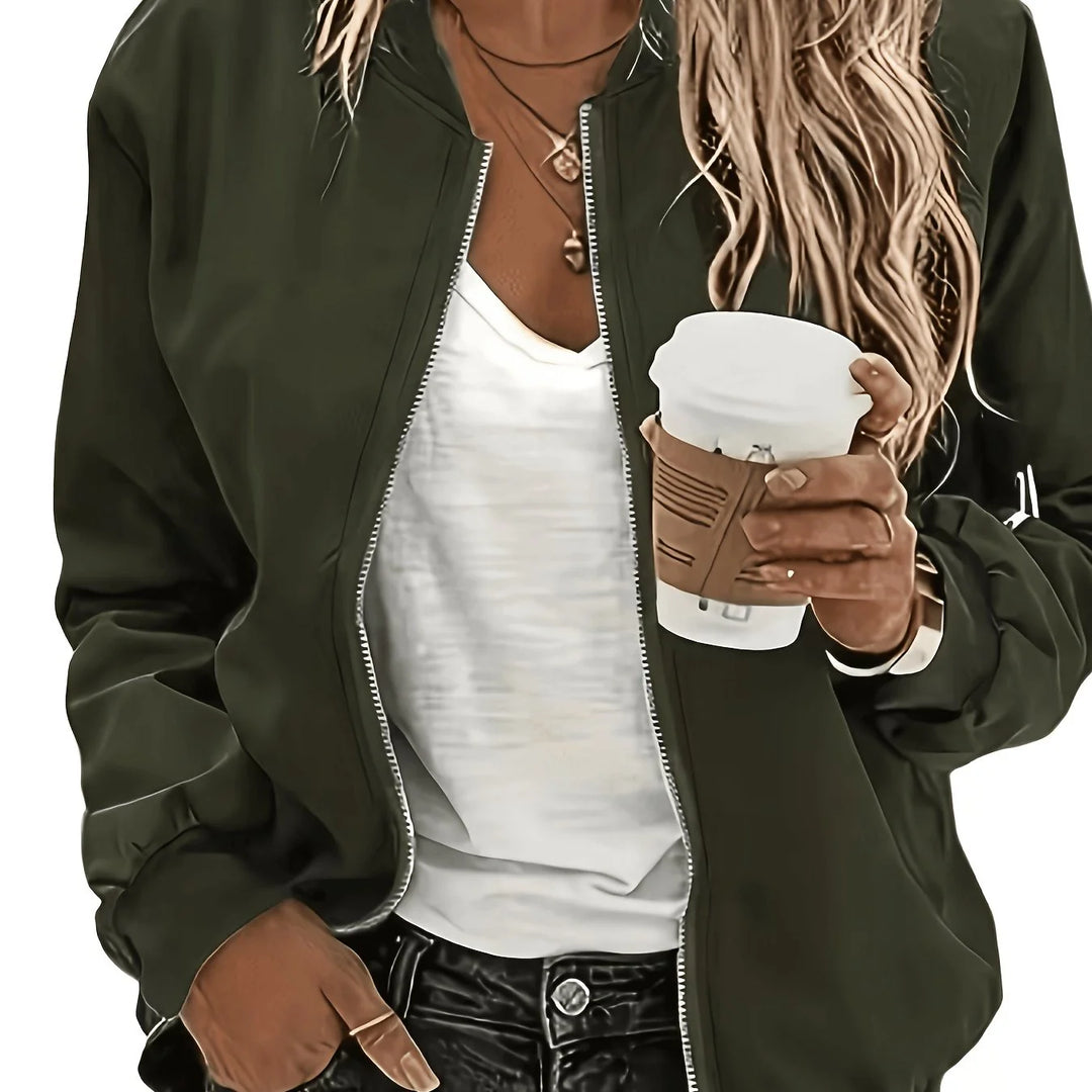 Women's zip-up winter bomber jacket with ribbed baseball collar in purple in Olive Green