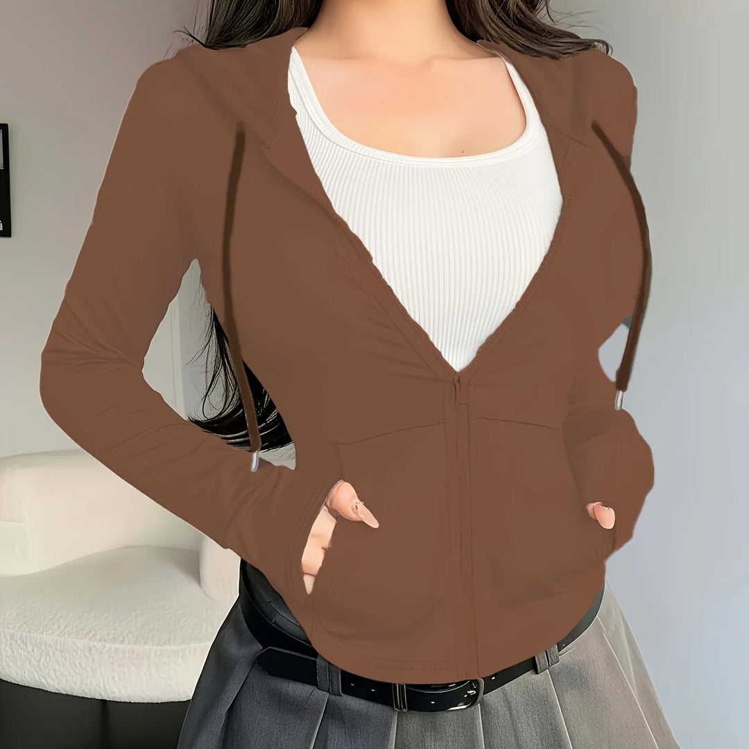 Women's comfy zip-up cropped winter hoodie in Coffee