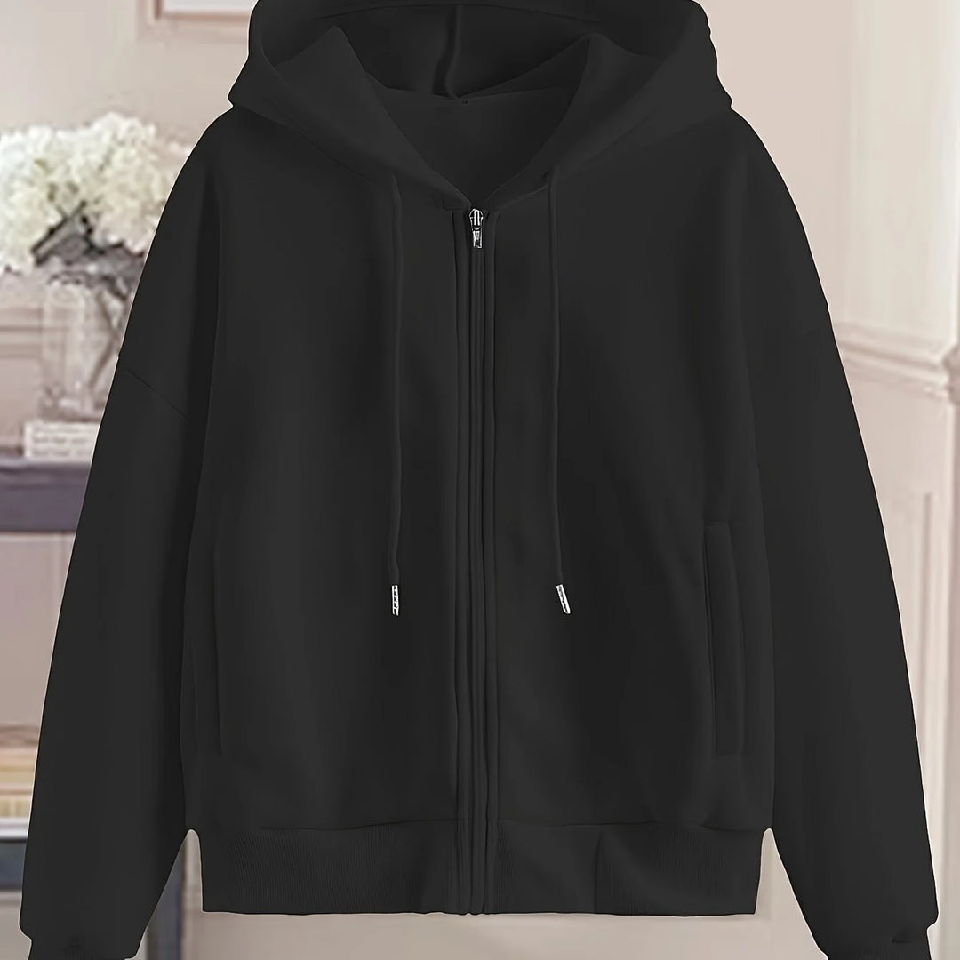 Women's comfy zip-up winter hoodie with ribbed cuffs in Black