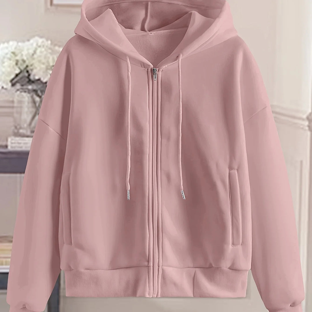 Women's comfy zip-up winter hoodie with side pockets in Dark Pink