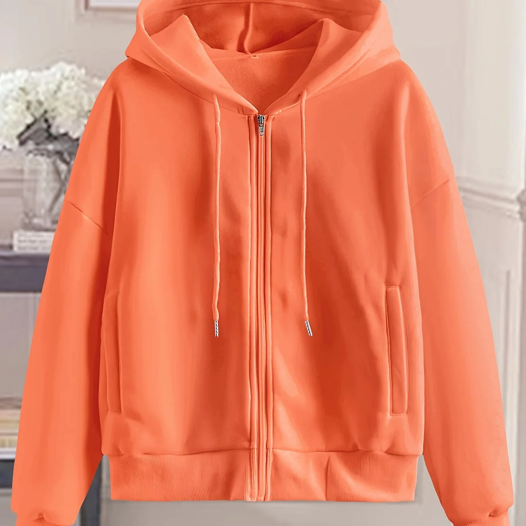 Women's comfy zip-up winter hoodie with side pockets in Orange