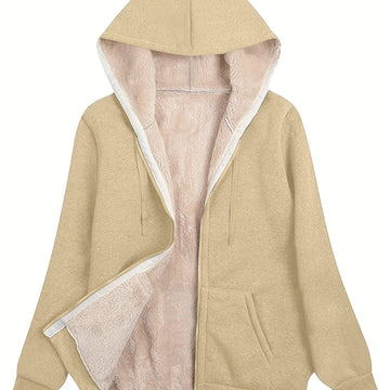 Women's comfy zip-up sherpa lined winter hoodie in Khaki